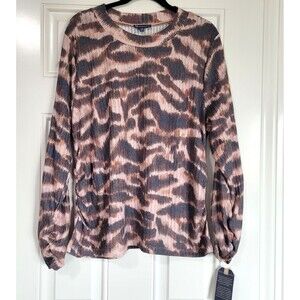 NWT Democracy 2X Boho Leopard Print Long Sleeve Blouse Ruched Sides Stretchy